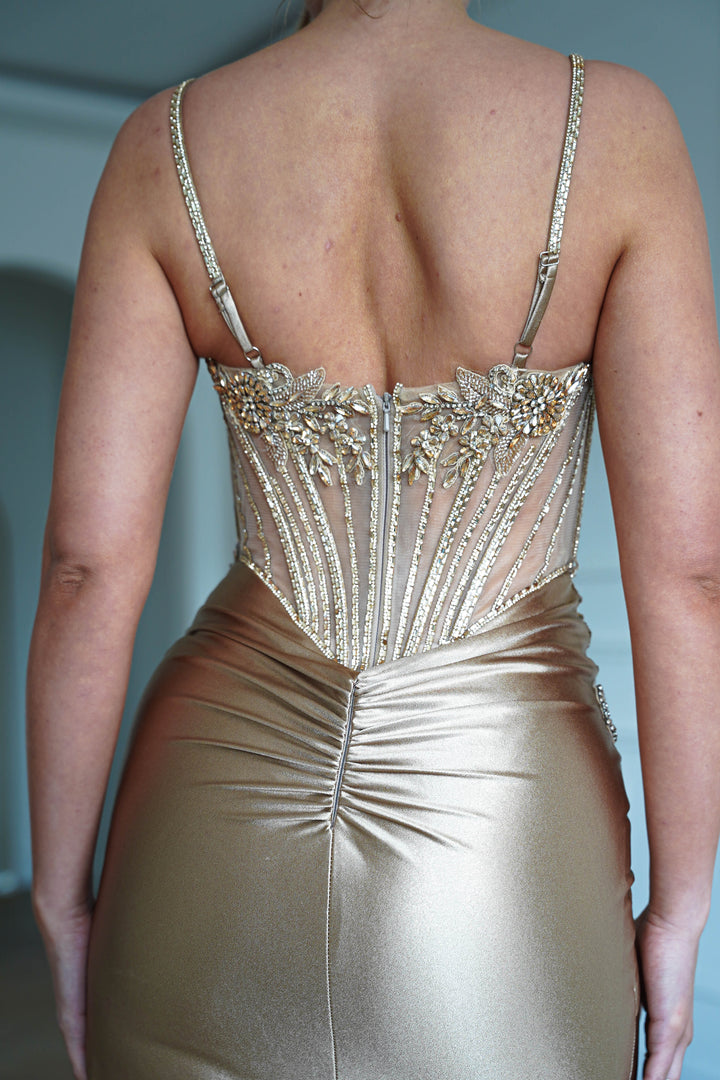 Sahara Embellished Corset Satin Gown | Dark Gold