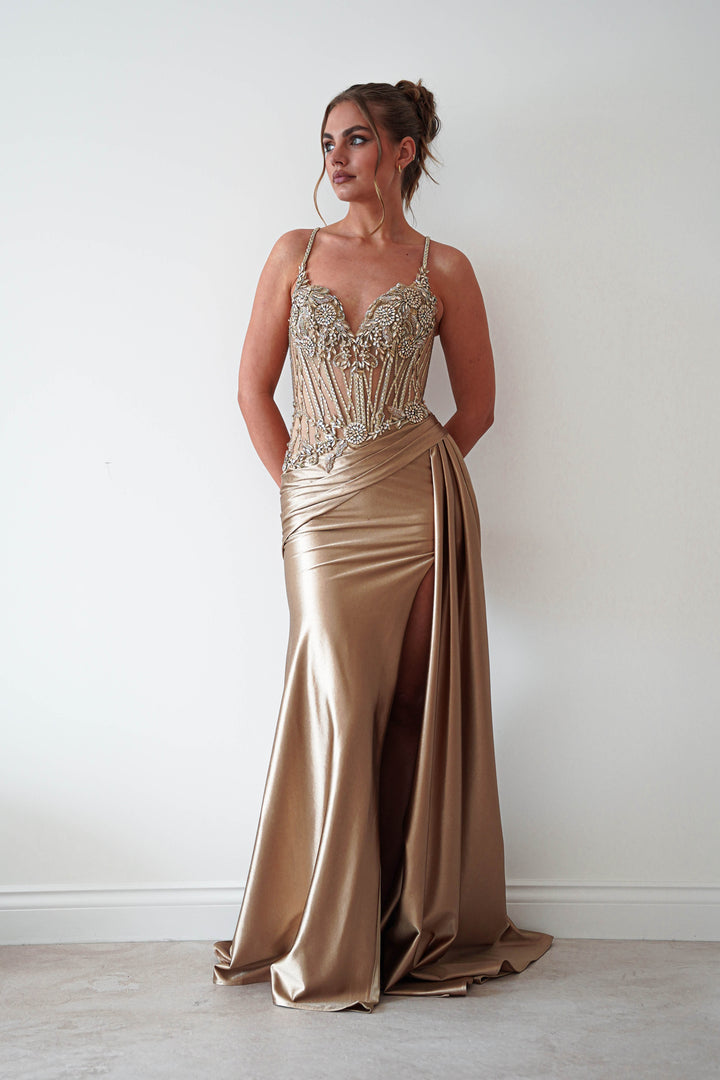 Sahara Embellished Corset Satin Gown | Dark Gold