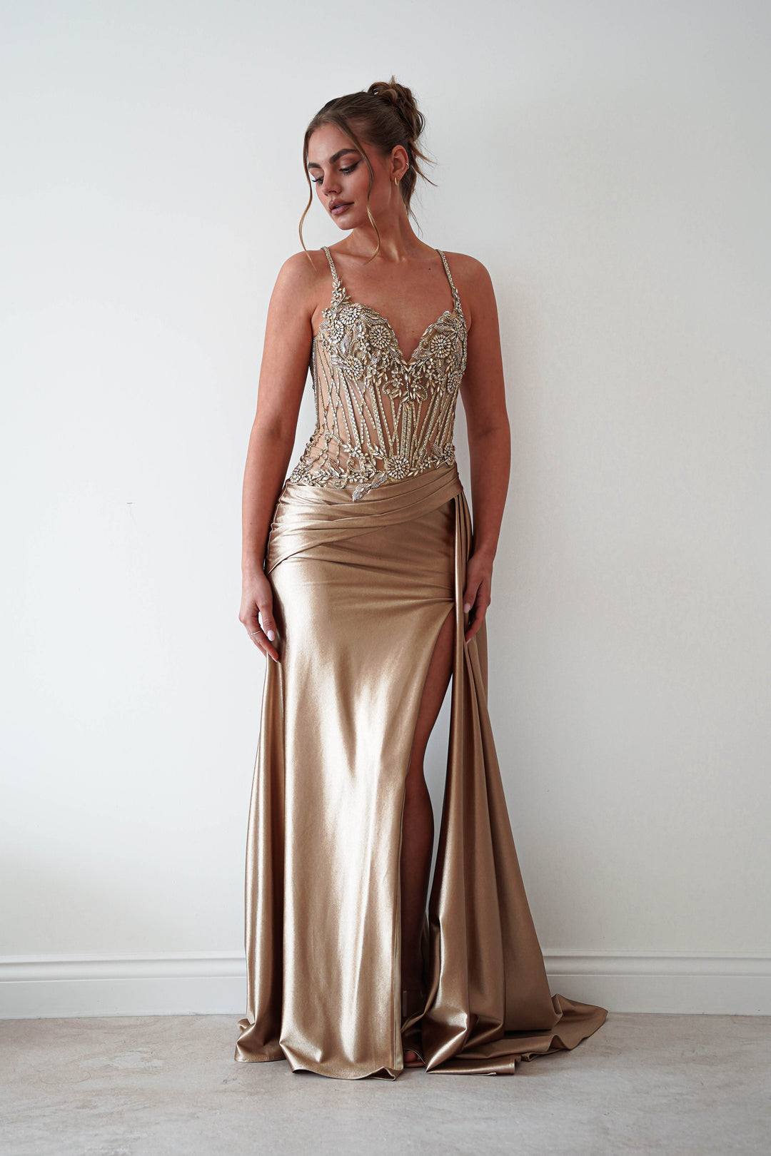 Sahara Embellished Corset Satin Gown | Dark Gold