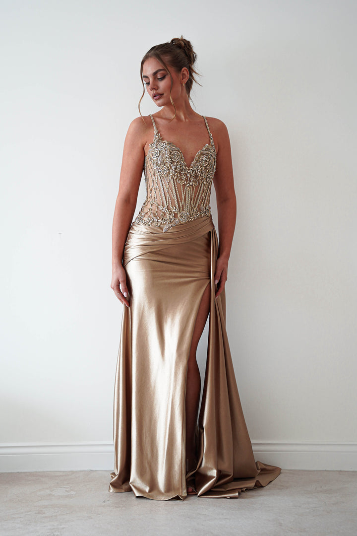 Sahara Embellished Corset Satin Gown | Dark Gold