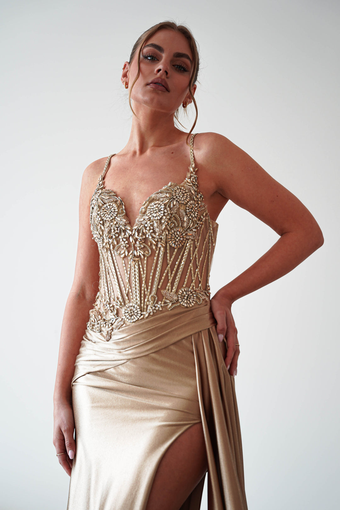 Sahara Embellished Corset Satin Gown | Dark Gold