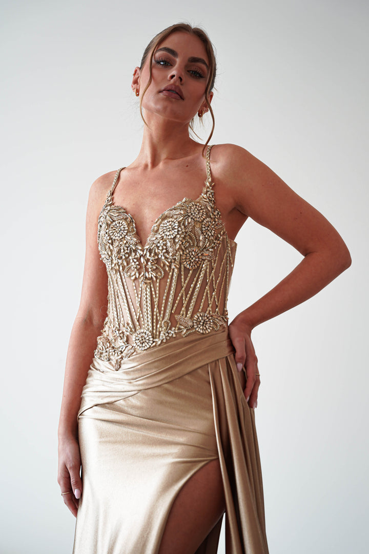 Sahara Embellished Corset Satin Gown | Dark Gold