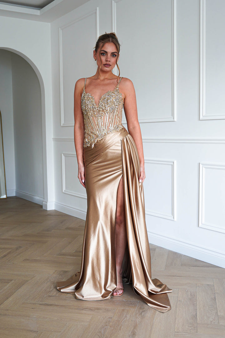 Sahara Embellished Corset Satin Gown | Dark Gold