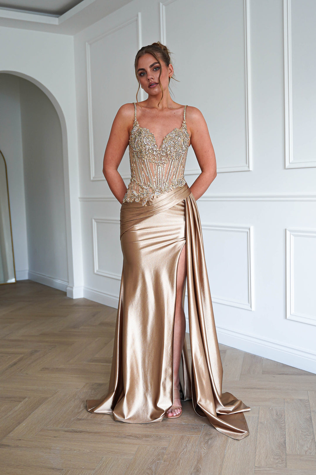 Sahara Embellished Corset Satin Gown | Dark Gold