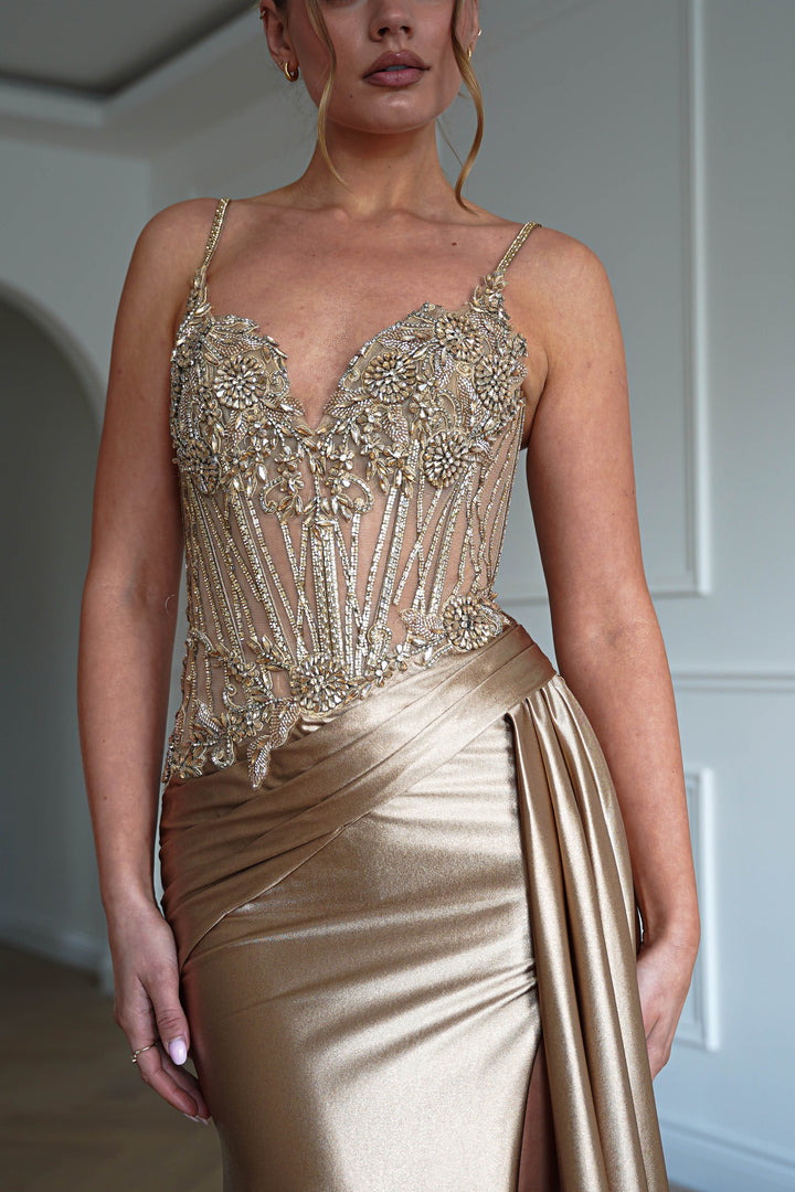 Sahara Embellished Corset Satin Gown | Dark Gold