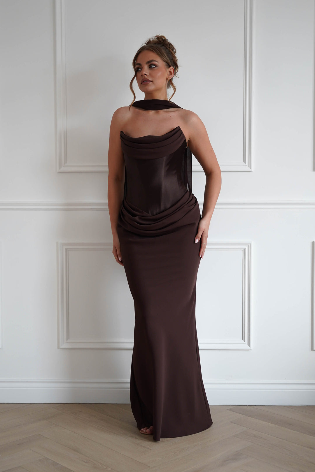 Kailani Strapless Ruched Maxi Dress | Brown