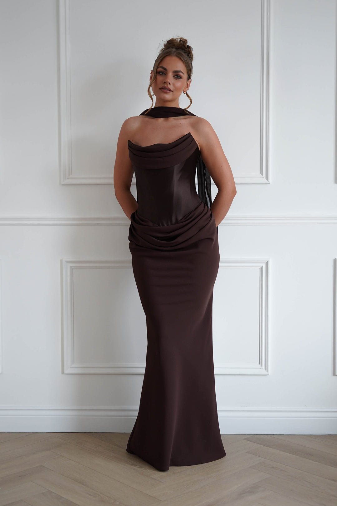 Kailani Strapless Ruched Maxi Dress | Brown