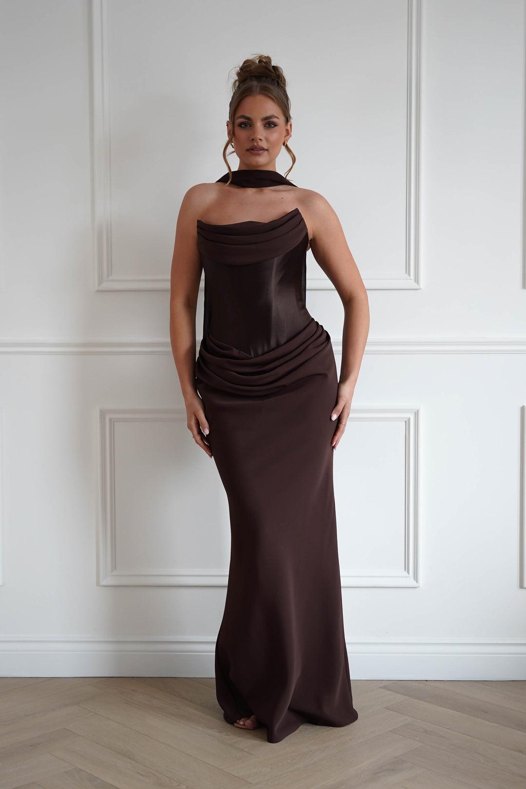 Kailani Strapless Ruched Maxi Dress | Brown
