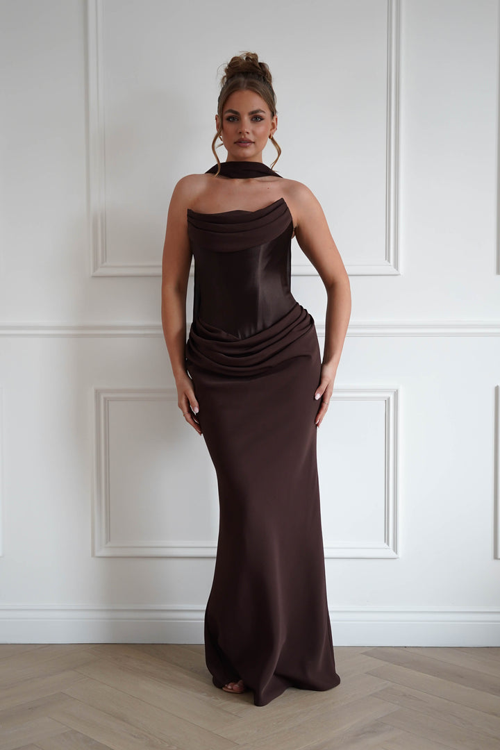 Kailani Strapless Ruched Maxi Dress | Brown