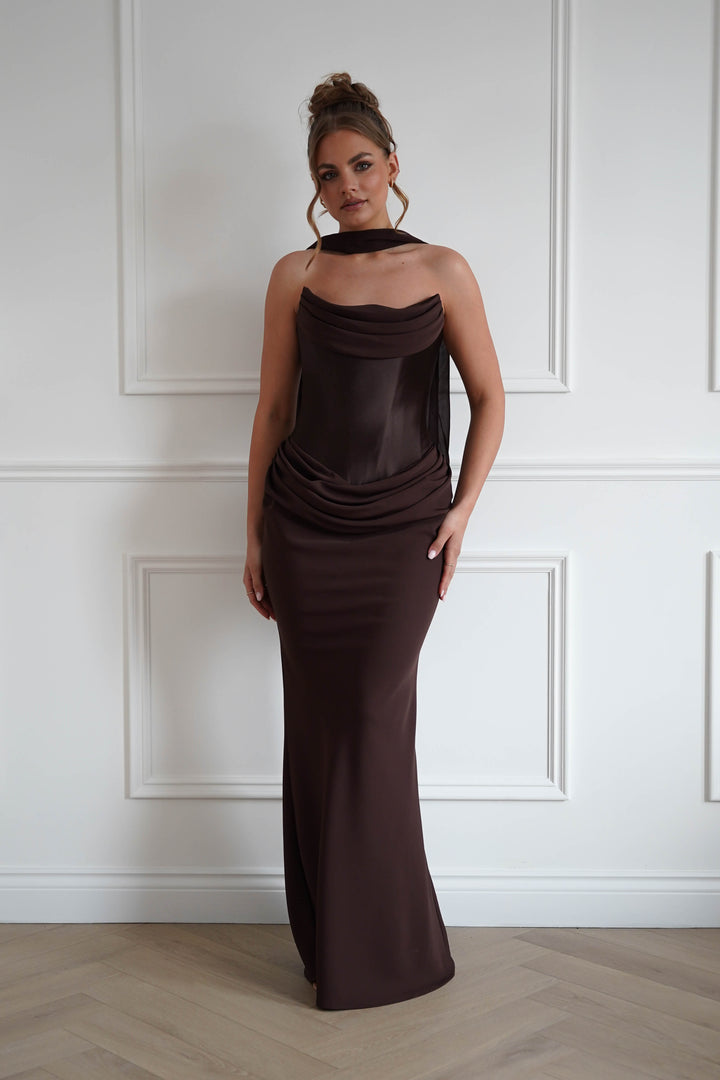 Kailani Strapless Ruched Maxi Dress | Brown