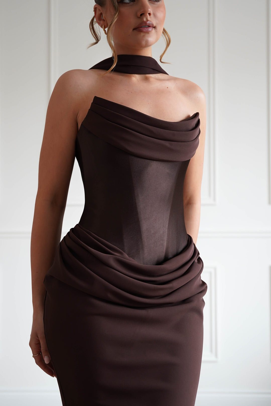 Kailani Strapless Ruched Maxi Dress | Brown