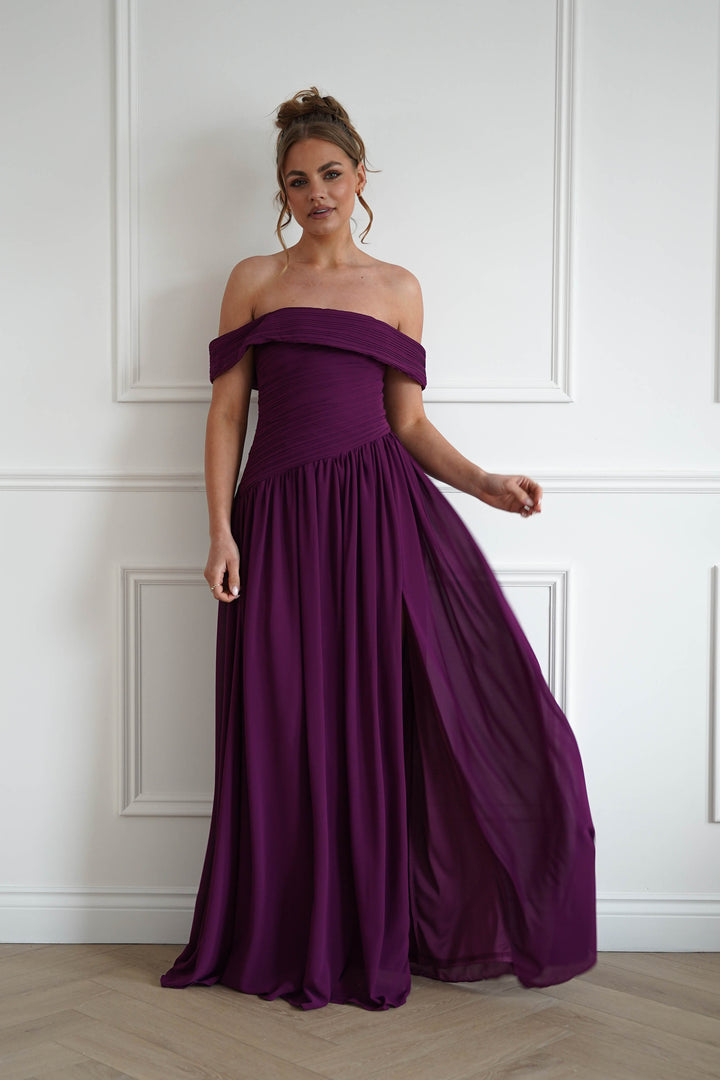 Connie Off The Shoulder Chiffon Maxi Dress | Plum
