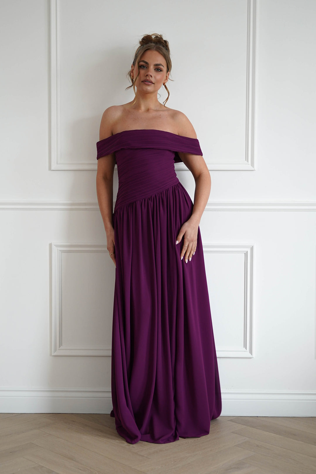 Connie Off The Shoulder Chiffon Maxi Dress | Plum