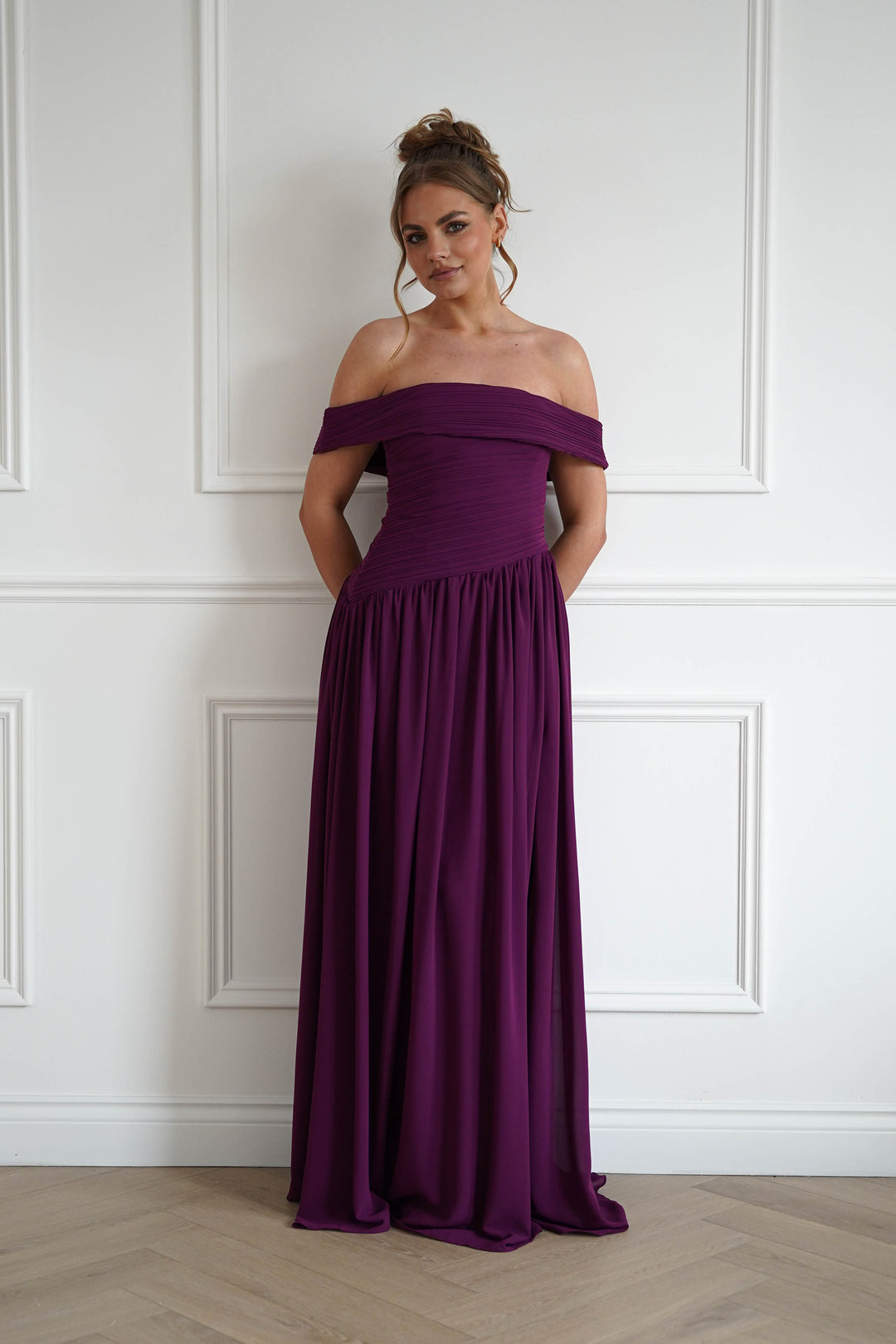 Connie Off The Shoulder Chiffon Maxi Dress | Plum