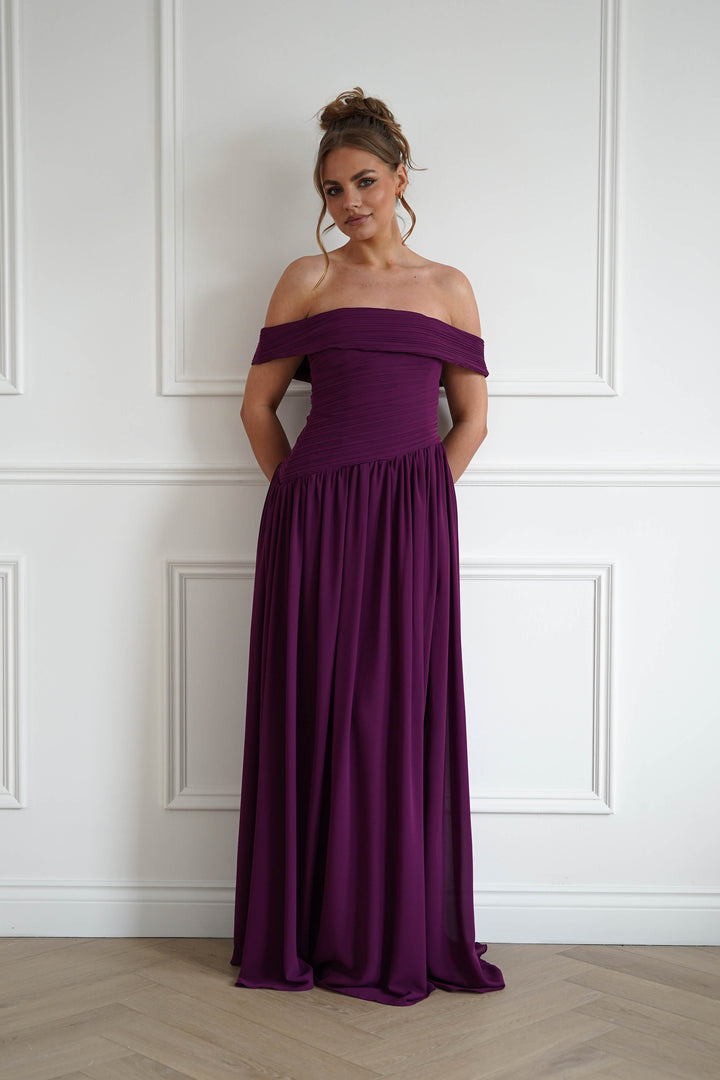 Connie Off The Shoulder Chiffon Maxi Dress | Plum
