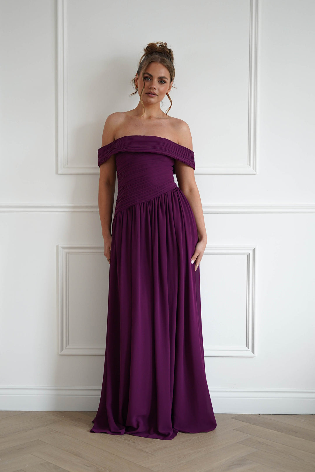 Connie Off The Shoulder Chiffon Maxi Dress | Plum