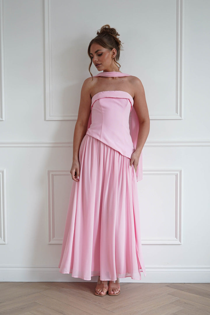 Elva Strapless Asymmetric Waist Maxi Dress | Pink