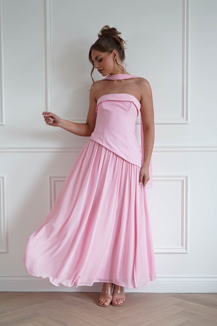 Elva Strapless Asymmetric Waist Maxi Dress | Pink