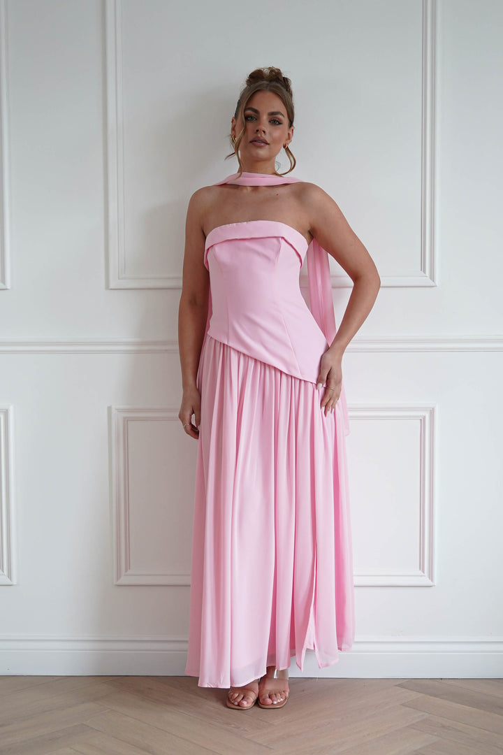 Elva Strapless Asymmetric Waist Maxi Dress | Pink