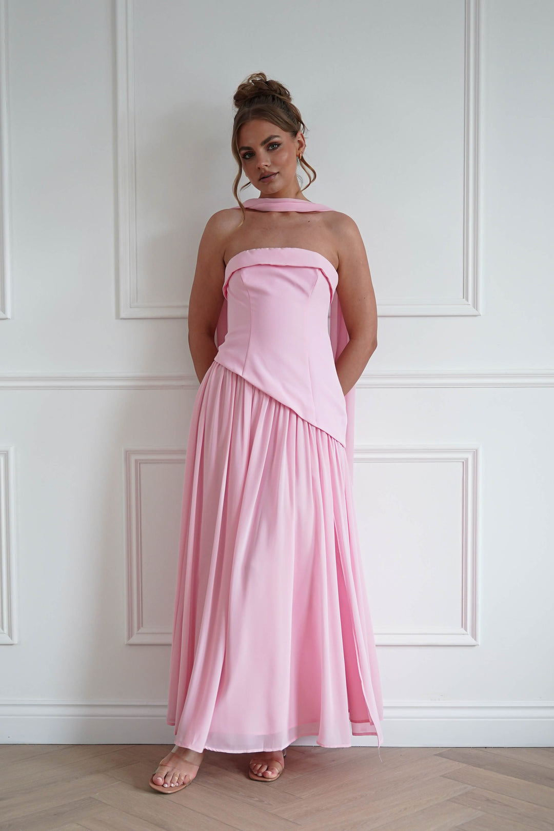 Elva Strapless Asymmetric Waist Maxi Dress | Pink