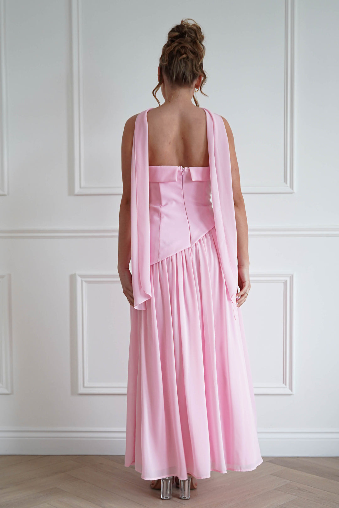 Elva Strapless Asymmetric Waist Maxi Dress | Pink