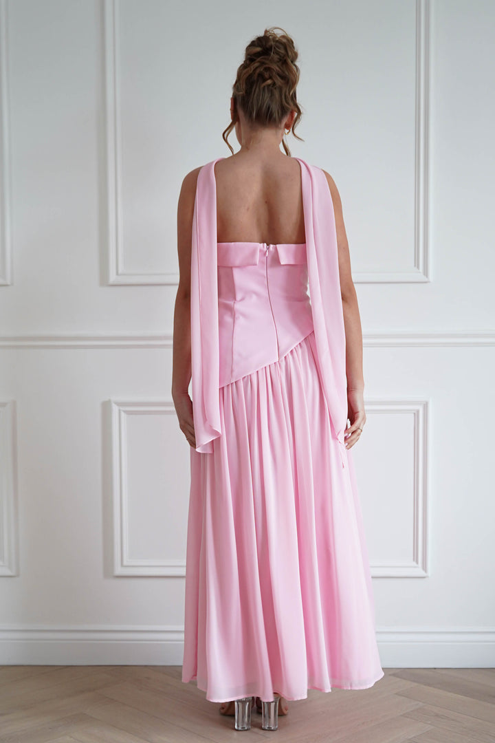 Elva Strapless Asymmetric Waist Maxi Dress | Pink