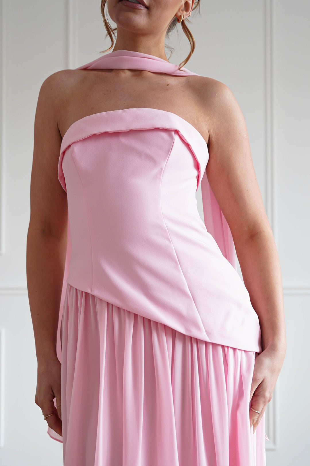 Elva Strapless Asymmetric Waist Maxi Dress | Pink