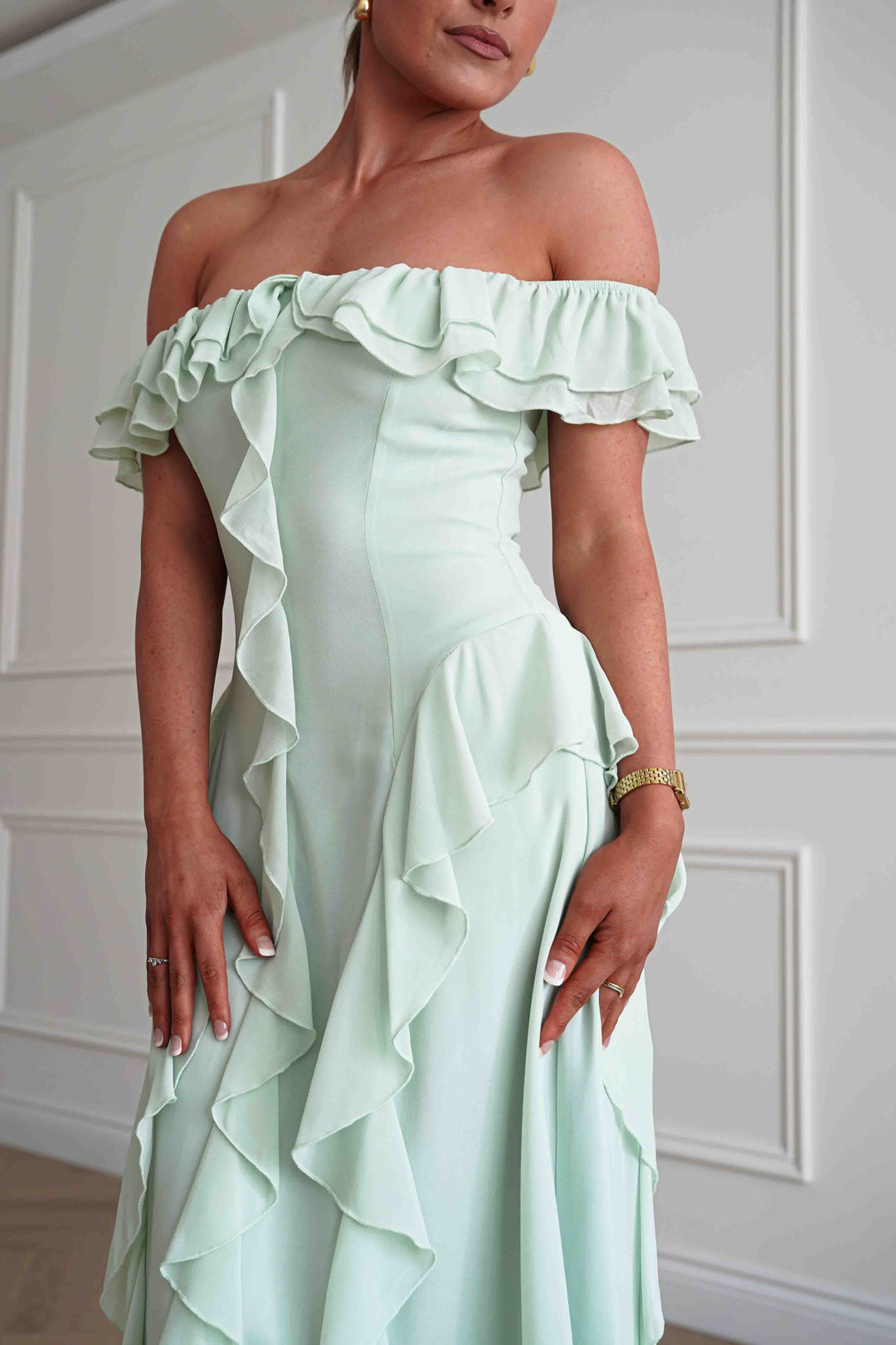 Billy Ruffle Detail Bardot Maxi Dress | Sage Green
