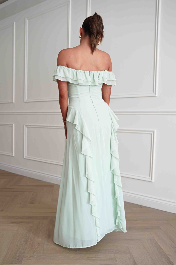 Billy Ruffle Detail Bardot Maxi Dress | Sage Green