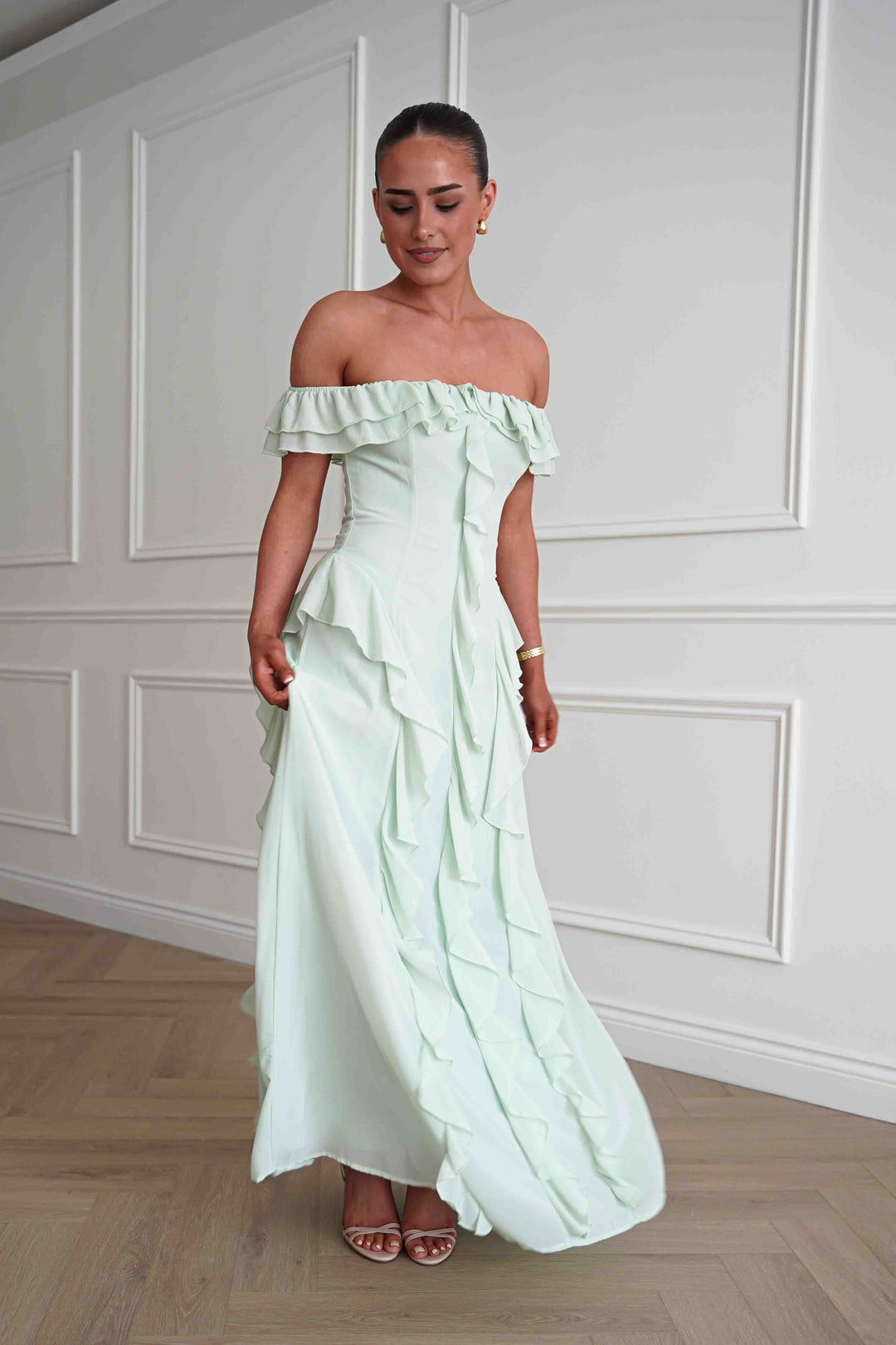 Billy Ruffle Detail Bardot Maxi Dress | Sage Green