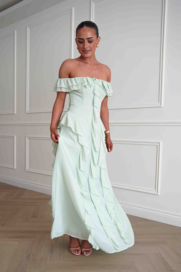 Billy Ruffle Detail Bardot Maxi Dress | Sage Green