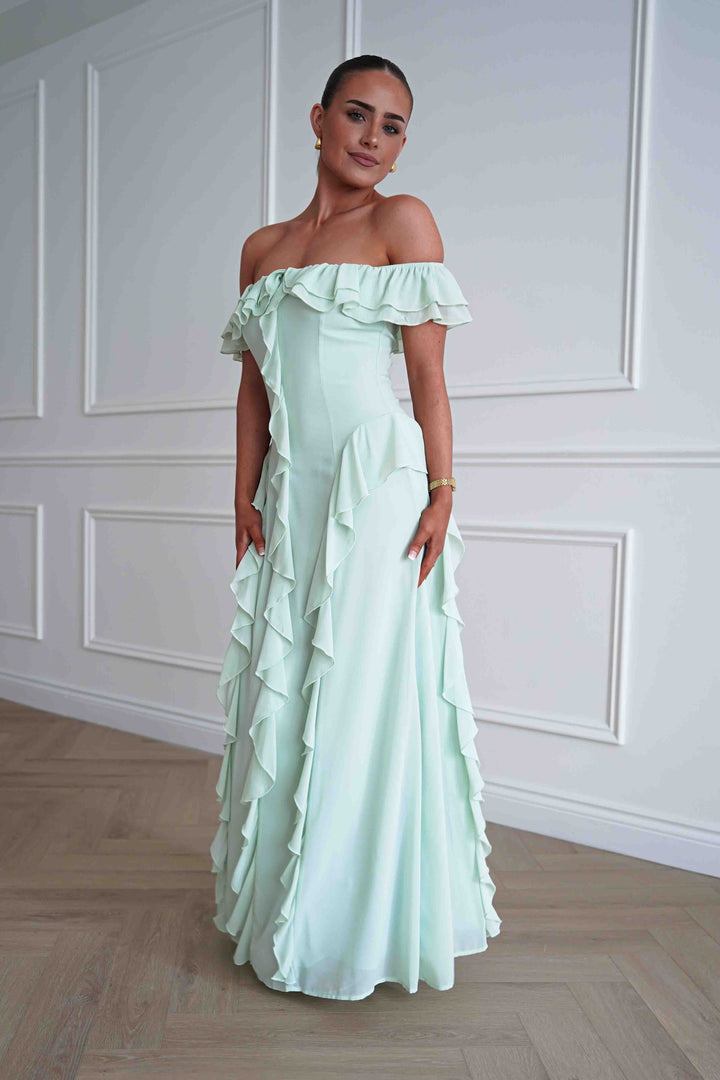 Billy Ruffle Detail Bardot Maxi Dress | Sage Green