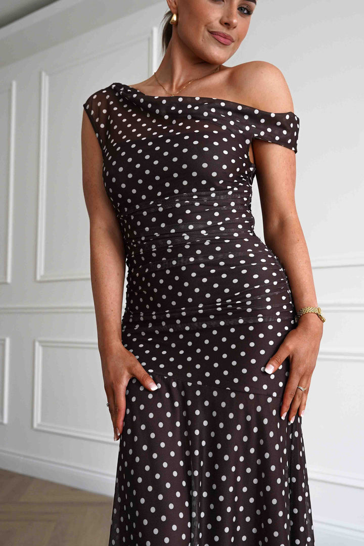 Simone Mesh Polka Dot Maxi Dress | Brown