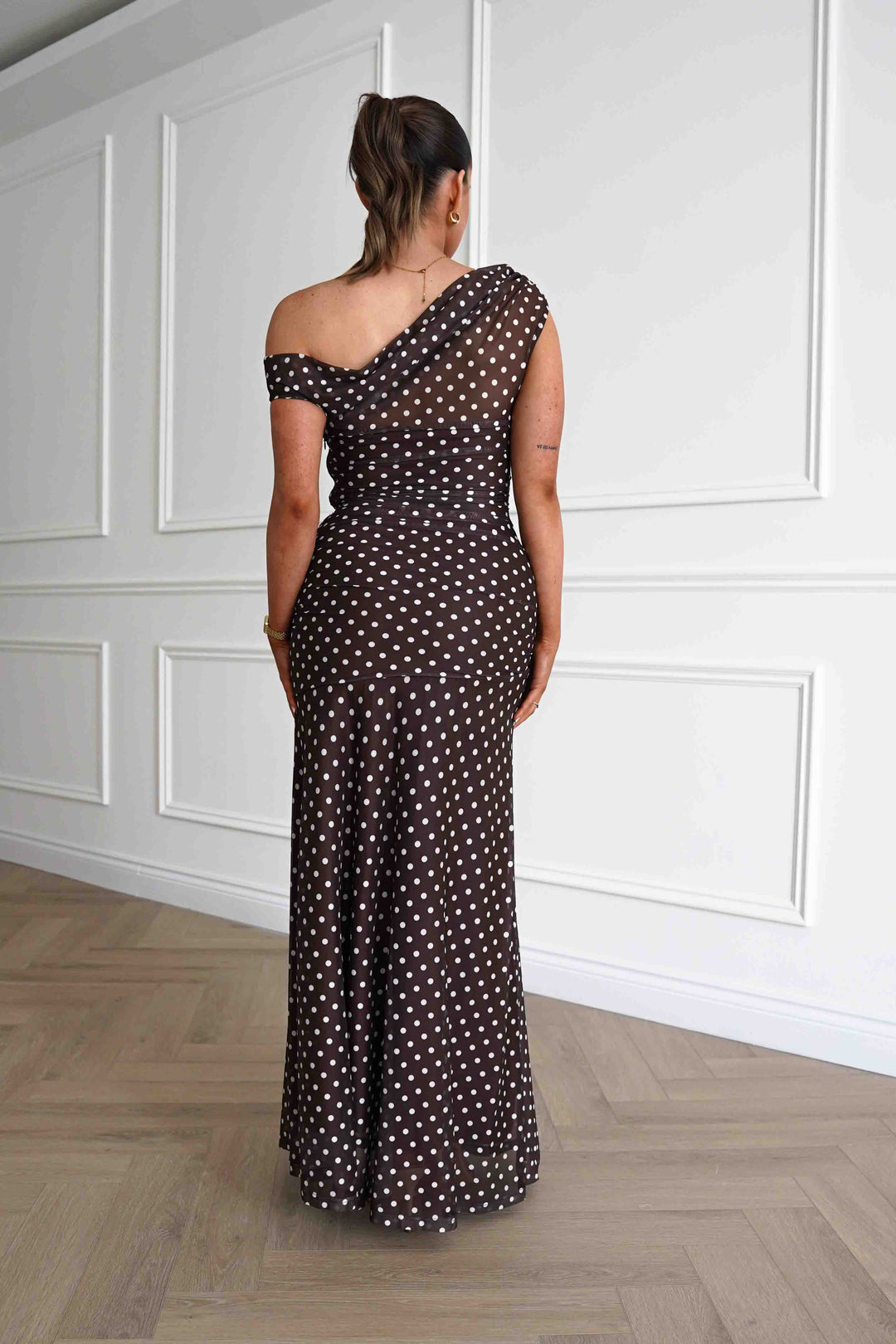 Simone Mesh Polka Dot Maxi Dress | Brown