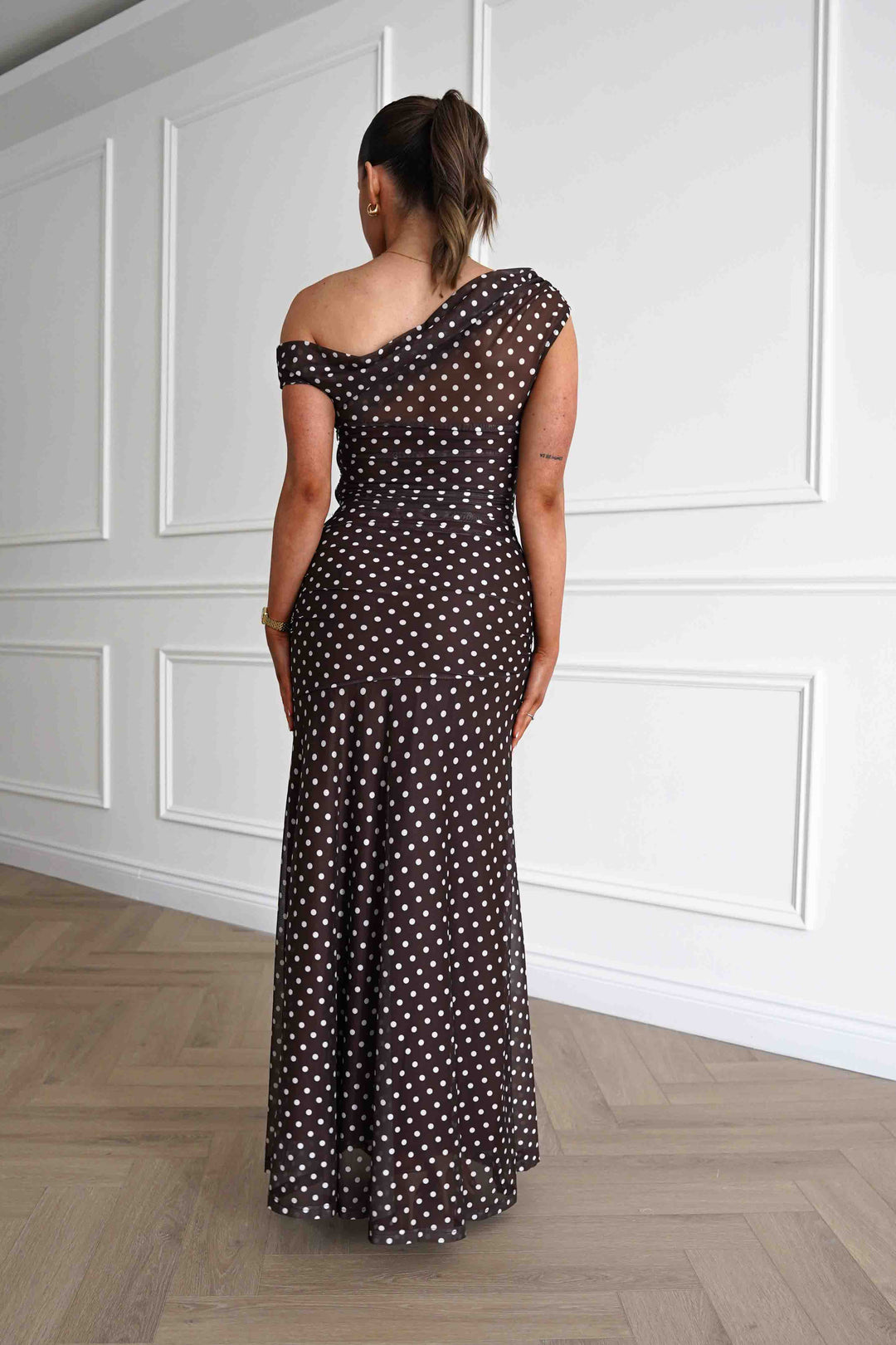 Simone Mesh Polka Dot Maxi Dress | Brown