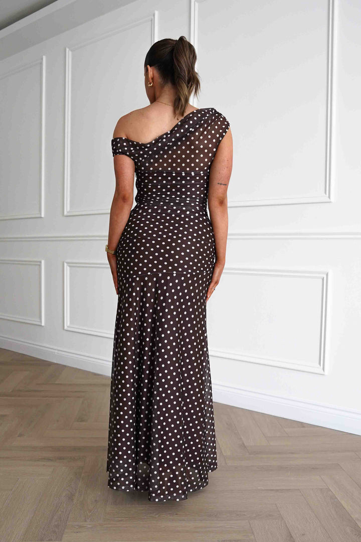 Simone Mesh Polka Dot Maxi Dress | Brown