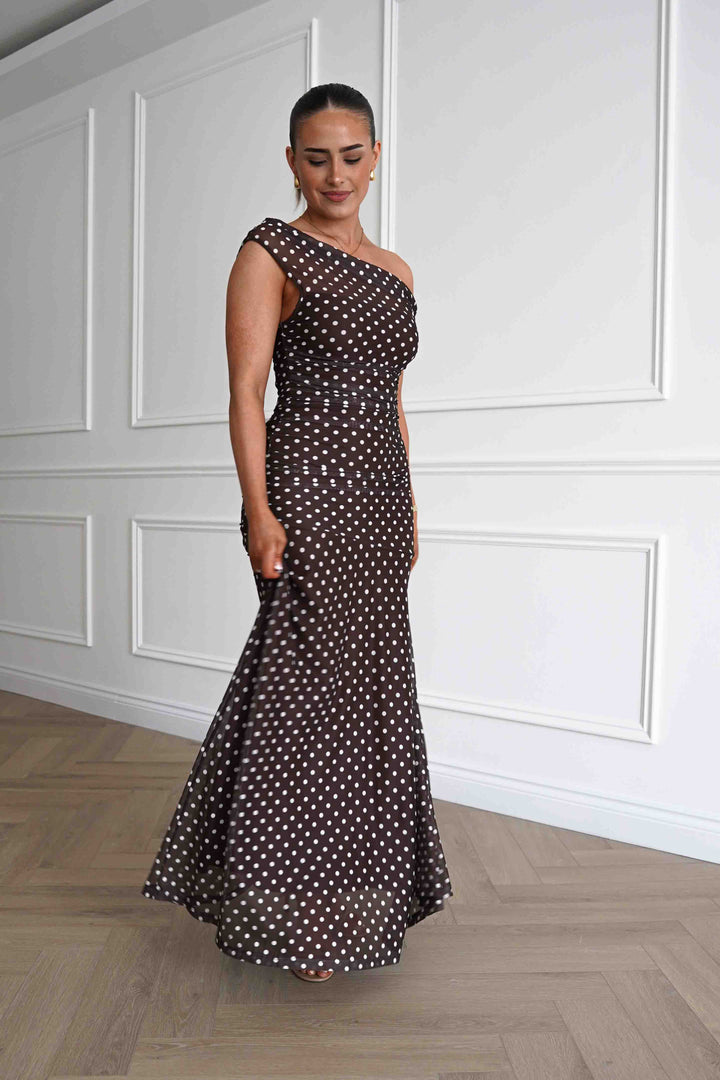 Simone Mesh Polka Dot Maxi Dress | Brown