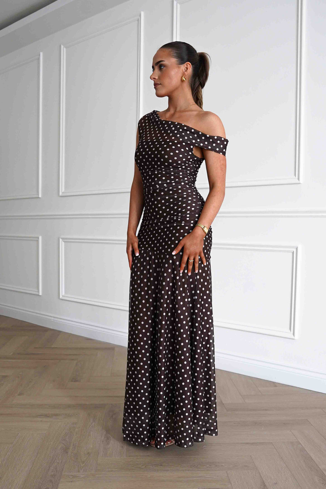 Simone Mesh Polka Dot Maxi Dress | Brown