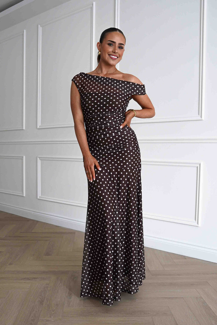 Simone Mesh Polka Dot Maxi Dress | Brown