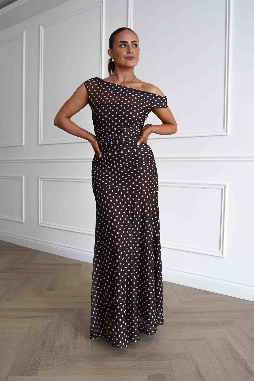 Simone Mesh Polka Dot Maxi Dress | Brown