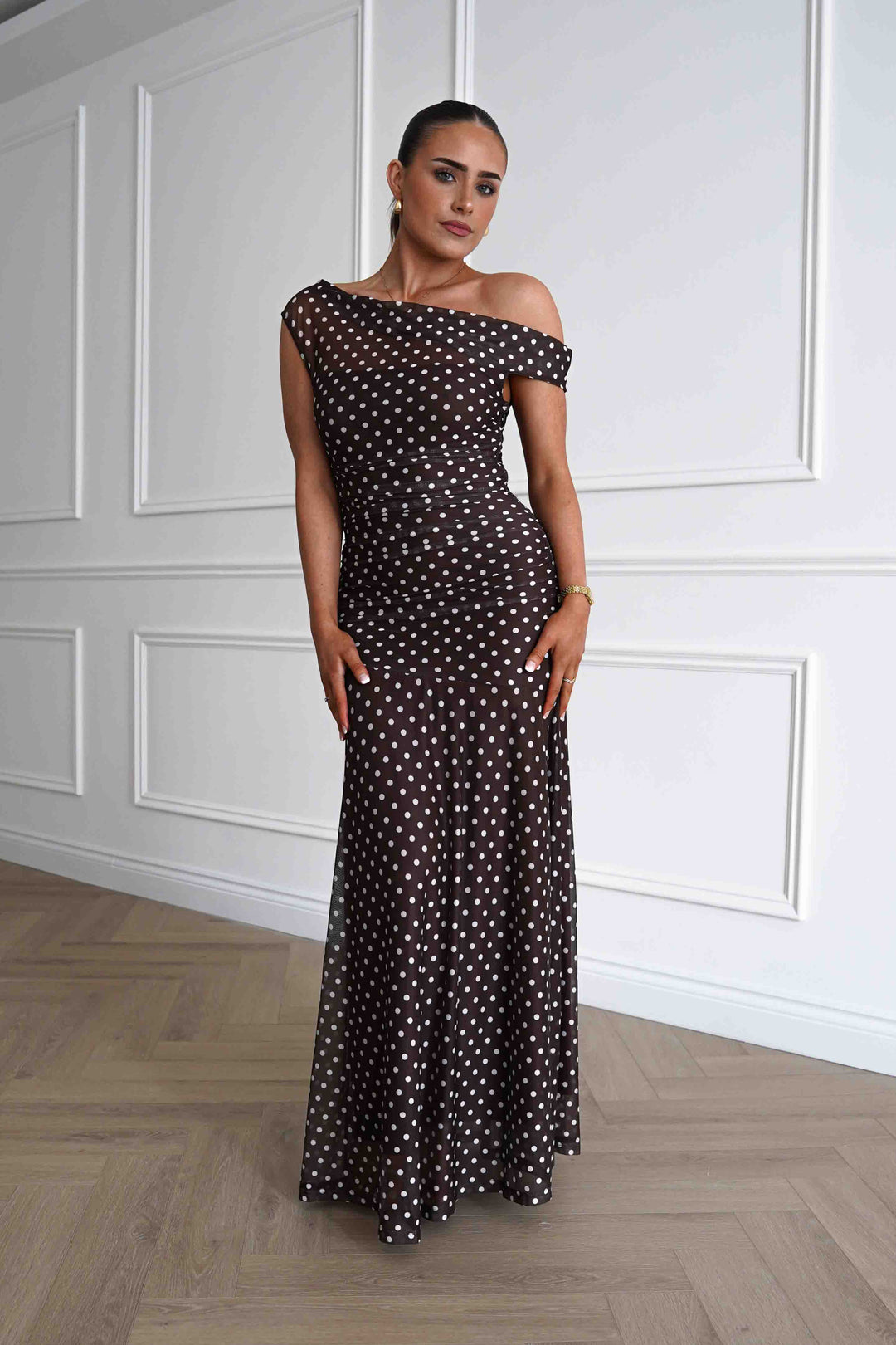 Simone Mesh Polka Dot Maxi Dress | Brown