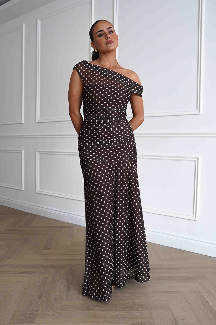 Simone Mesh Polka Dot Maxi Dress | Brown