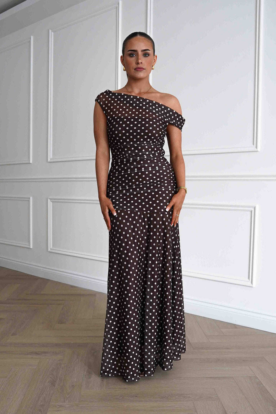 Simone Mesh Polka Dot Maxi Dress | Brown