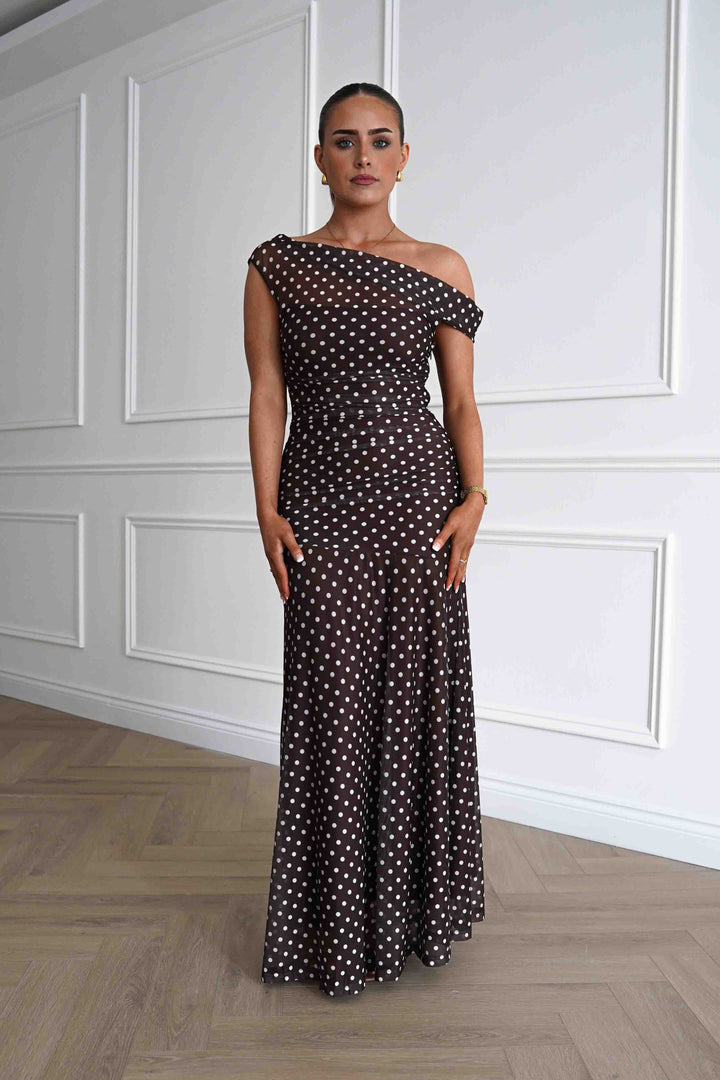 Simone Mesh Polka Dot Maxi Dress | Brown