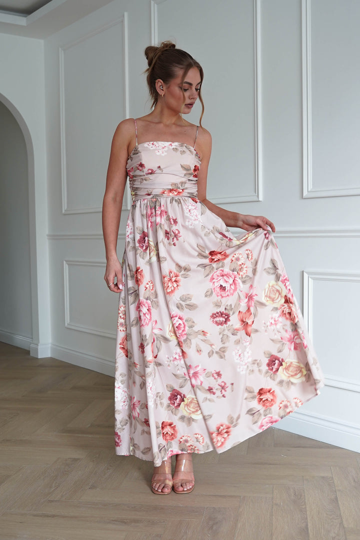 Hallie Floral Ruched Midi Dress | Beige