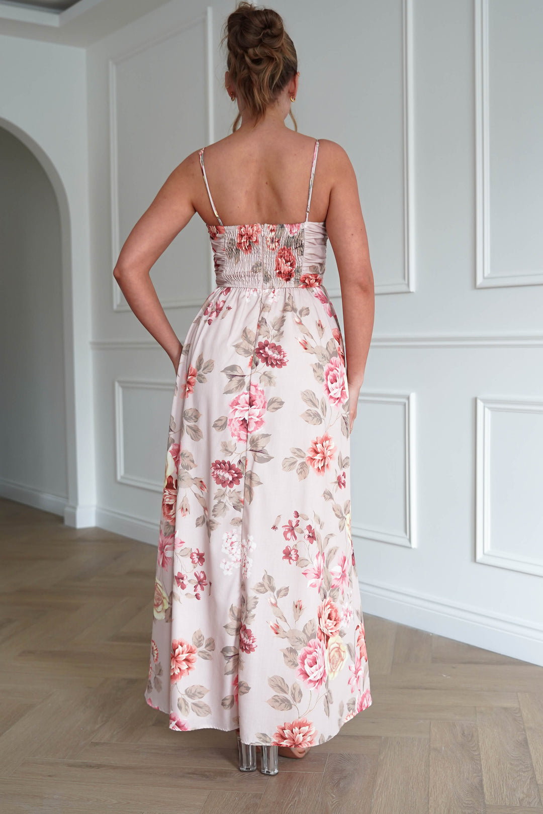 Hallie Floral Ruched Midi Dress | Beige