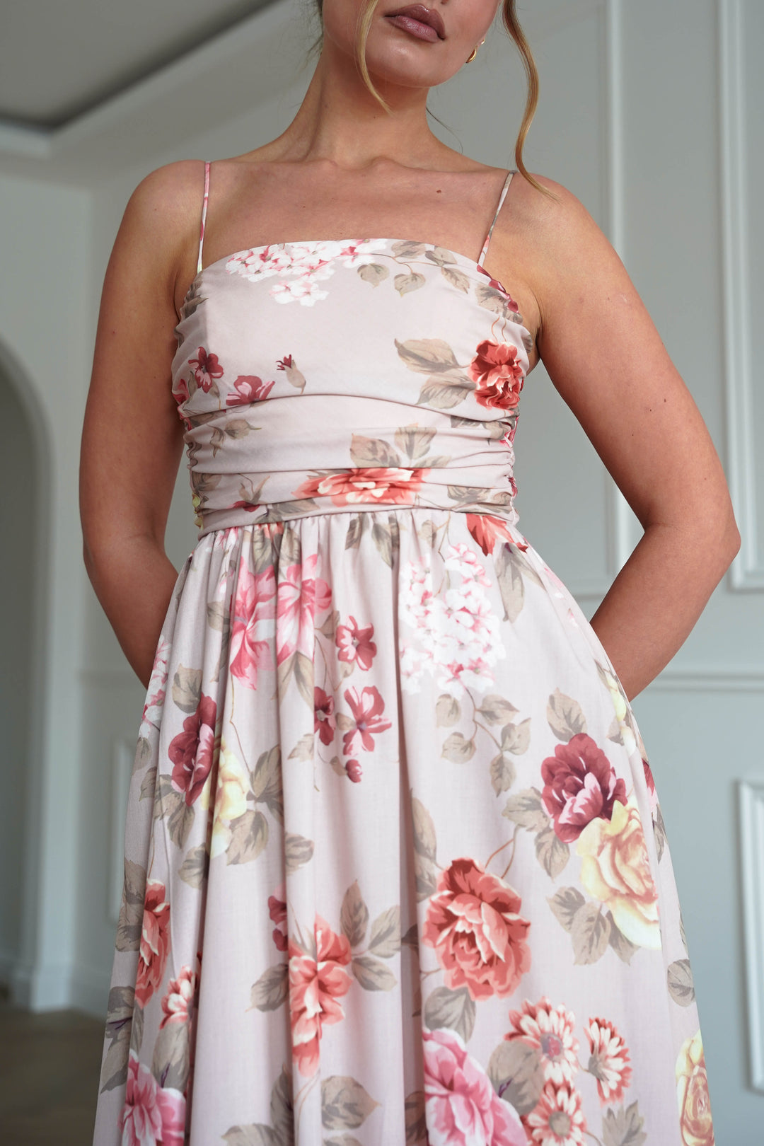 Hallie Floral Ruched Midi Dress | Beige