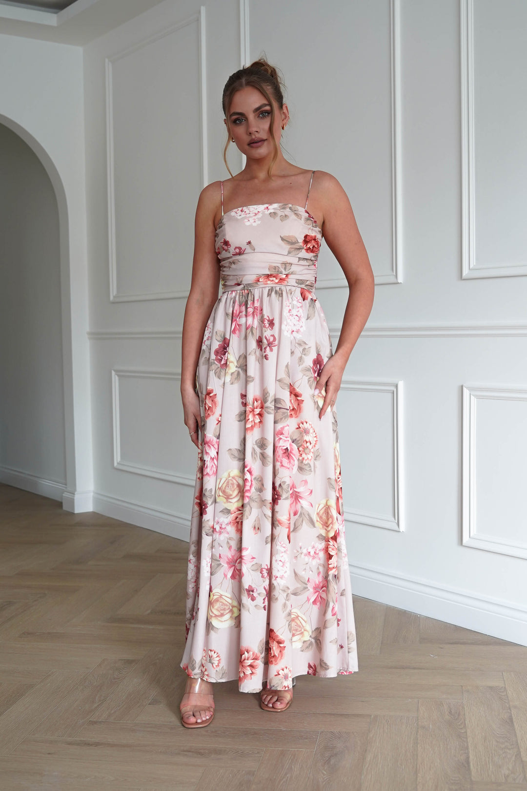 Hallie Floral Ruched Midi Dress | Beige