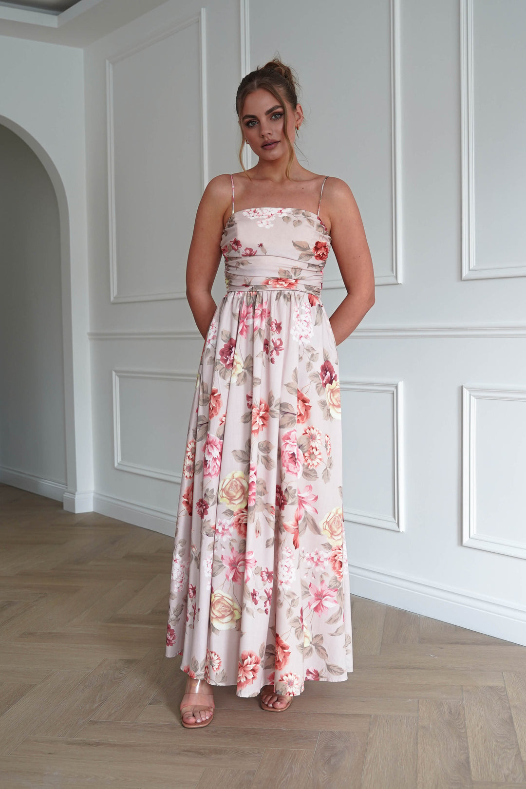 Hallie Floral Ruched Midi Dress | Beige