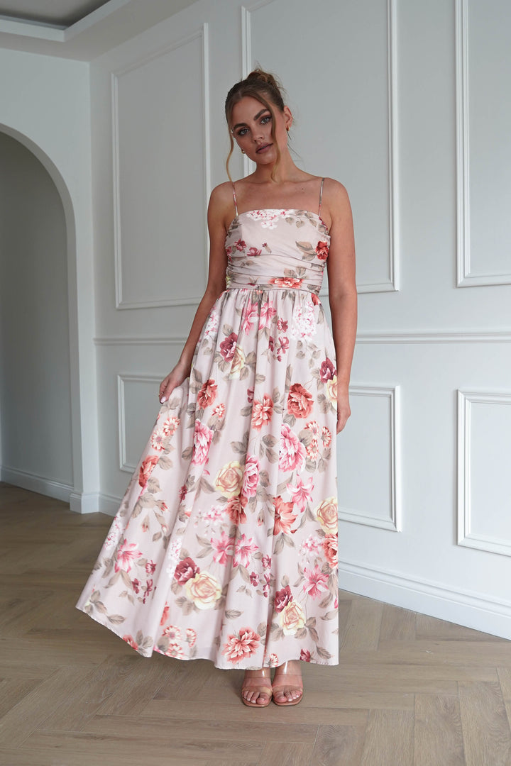 Hallie Floral Ruched Midi Dress | Beige
